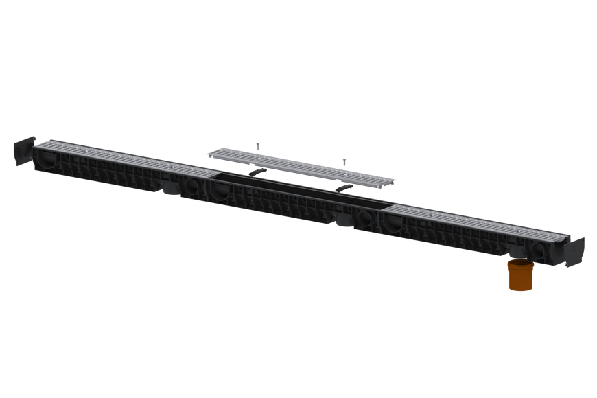 Комплект лотків водовідвідних пластикових Base DN100 H120 з сталевими оцинкованими решітками А15, 3м. K80120101/3 фото